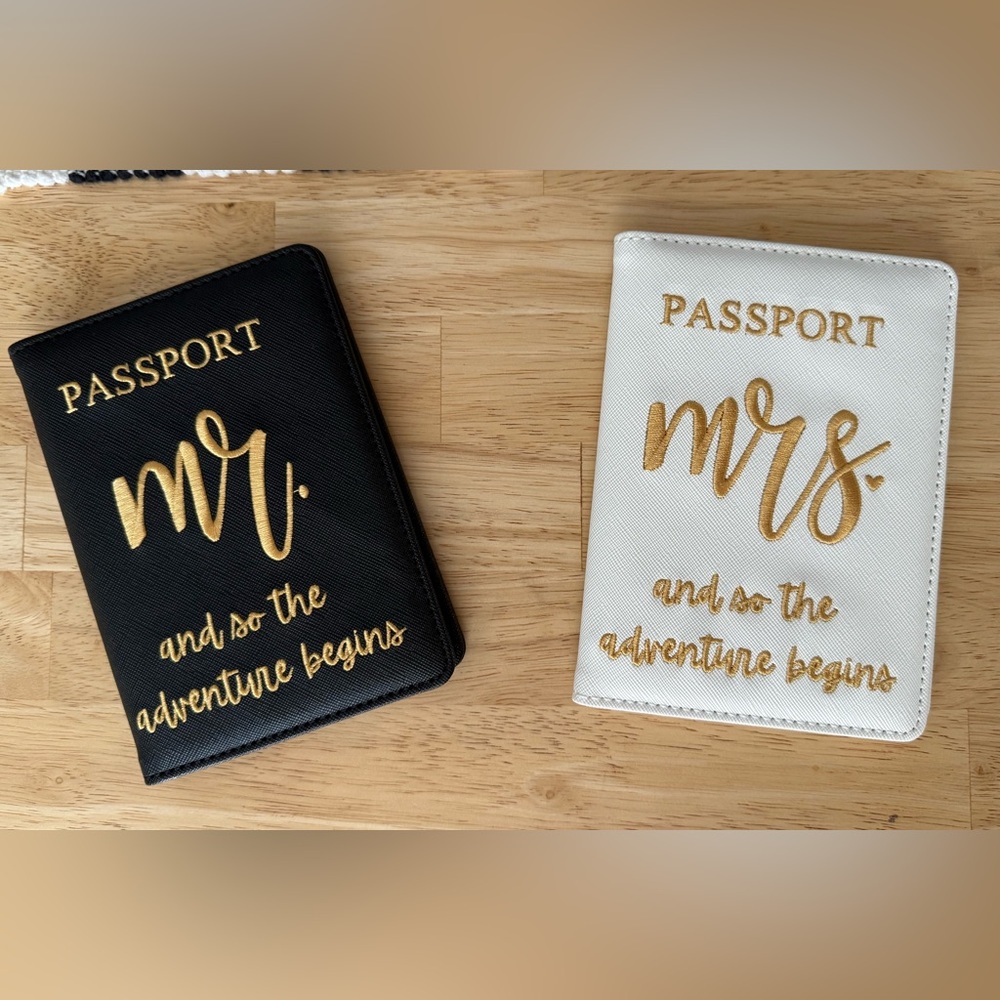 Mr. & Mrs. Passport Holders in Black and White with Gold Lettering